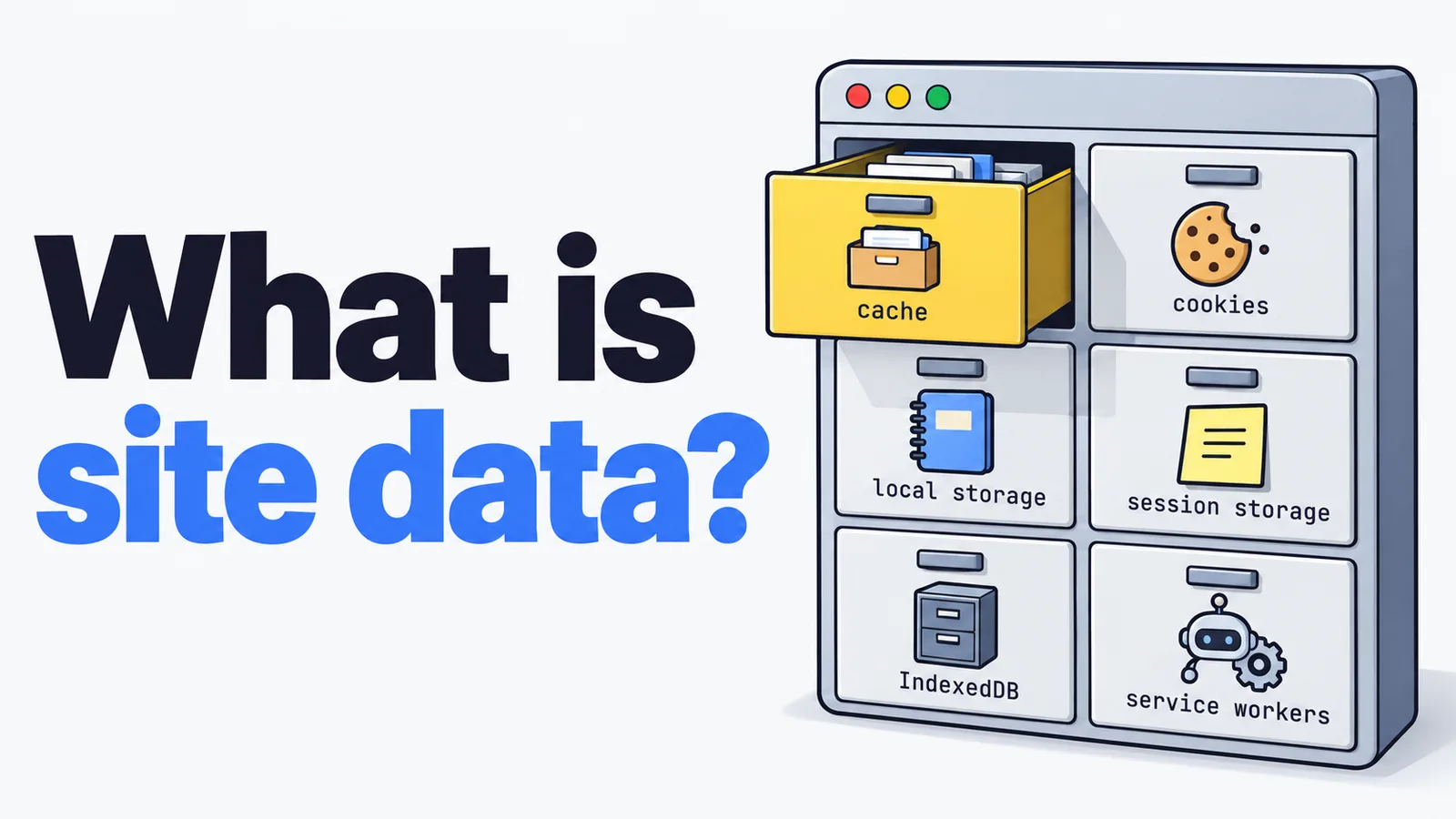 Cover with the headline What is site data, showing a browser window with six labeled drawers: cache, cookies, local storage, session storage, IndexedDB and service workers