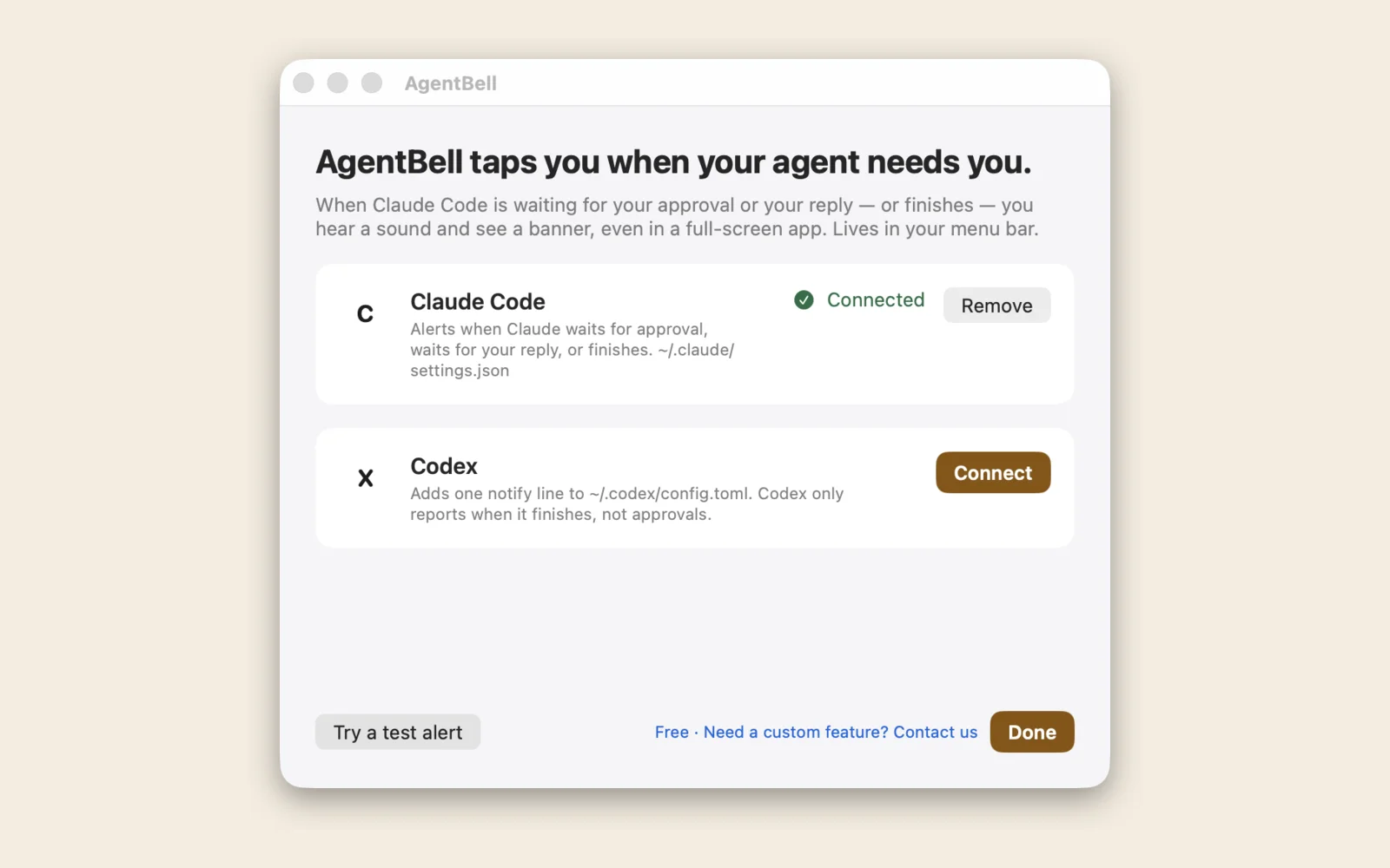 AgentBell setup window: Claude Code connected with one click, a Connect button for Codex, and a Try a test alert button