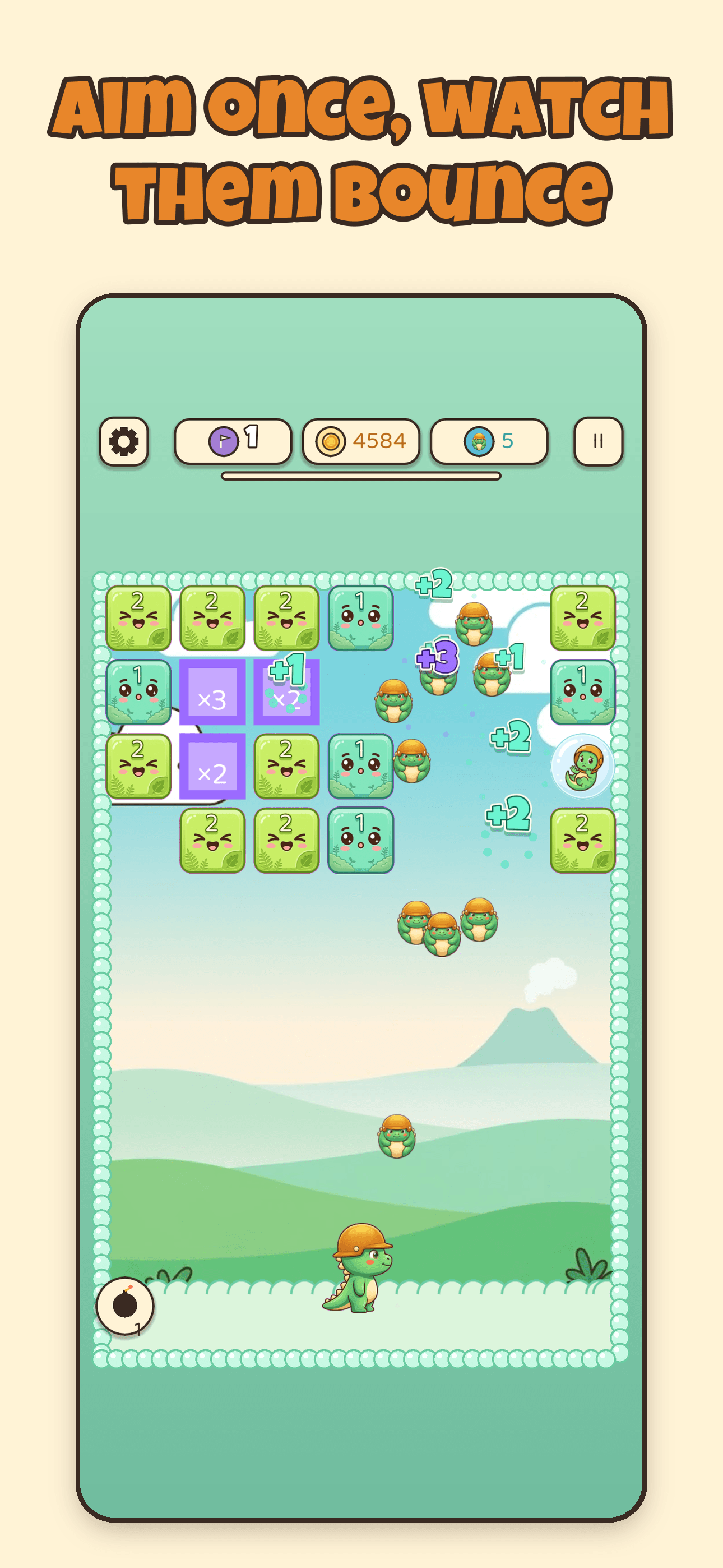 Dino Buddies gameplay: a volley of buddies bouncing between numbered blocks