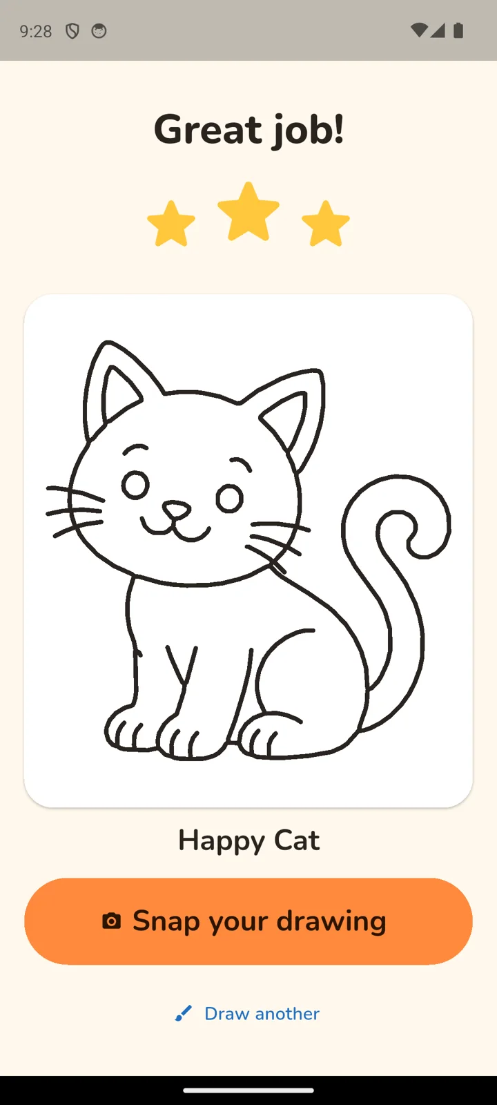 Great job! with three stars, the finished cat and a Snap your drawing button