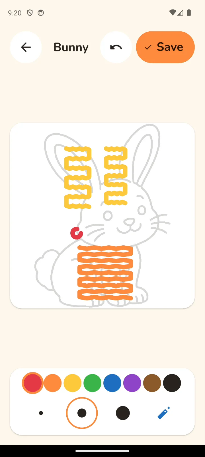 Coloring the bunny on screen in orange and yellow with eight crayon colors