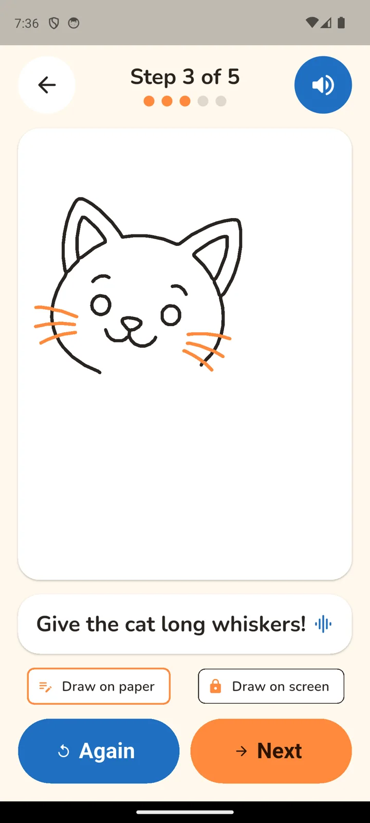 Step 3 of 5 with the cat head drawn, new whiskers in orange and the step read aloud