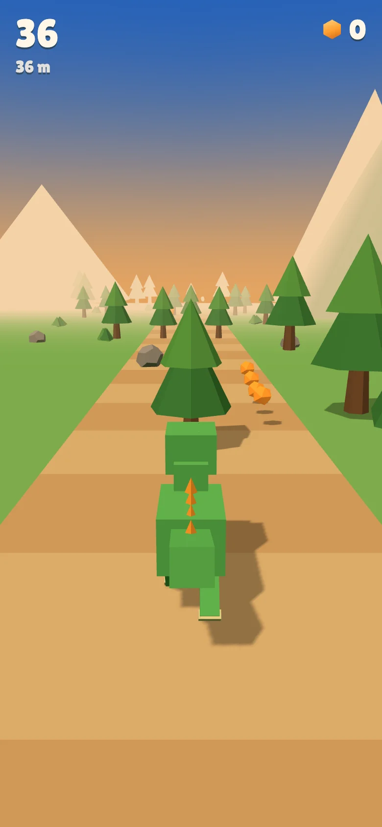 Fern Valley: the raptor runs down a dirt road between pine trees while amber floats in the next lane