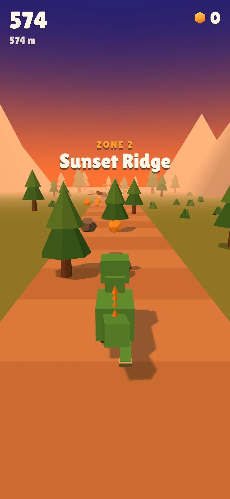 Sunset Ridge at 574 m: an orange sky, rocks ahead and the zone banner over the road