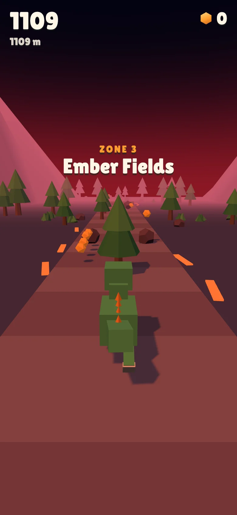 Ember Fields at 1109 m: a red dusk sky with glowing lava cracks along both sides of the road