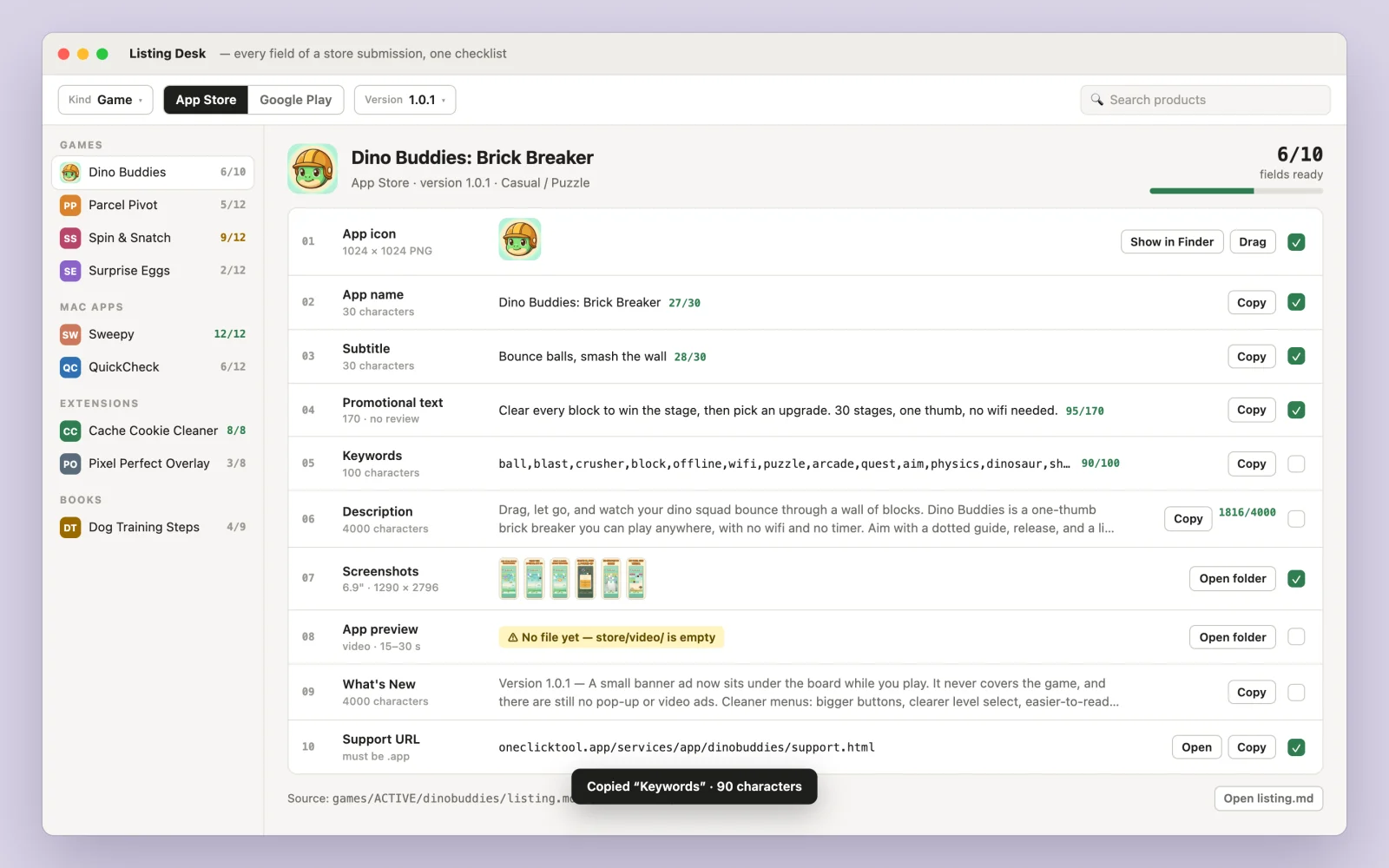 Concept mockup: the App Store checklist for Dino Buddies, ten fields from app icon to support URL with character counts, Copy buttons and 6 of 10 ticked