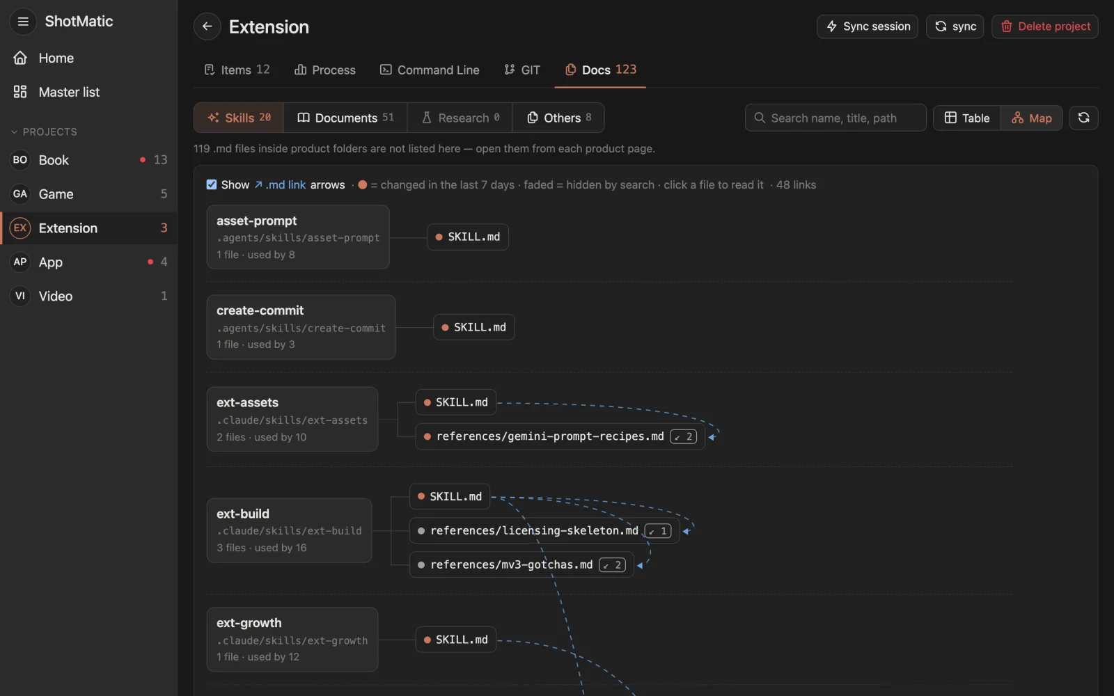 Early preview from the Docs view in ShotMatic: a map of skill folders, their Markdown files and dashed arrows for links between files