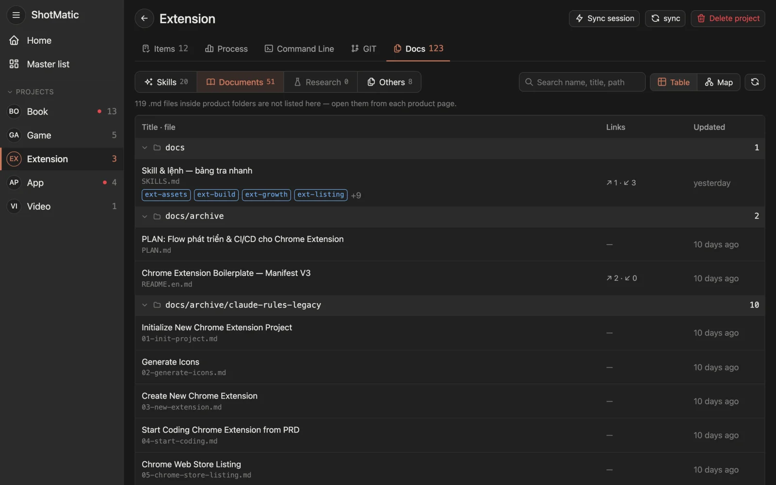 Early preview: a table of Markdown files grouped by folder, with title, file name, links in and out, and last update