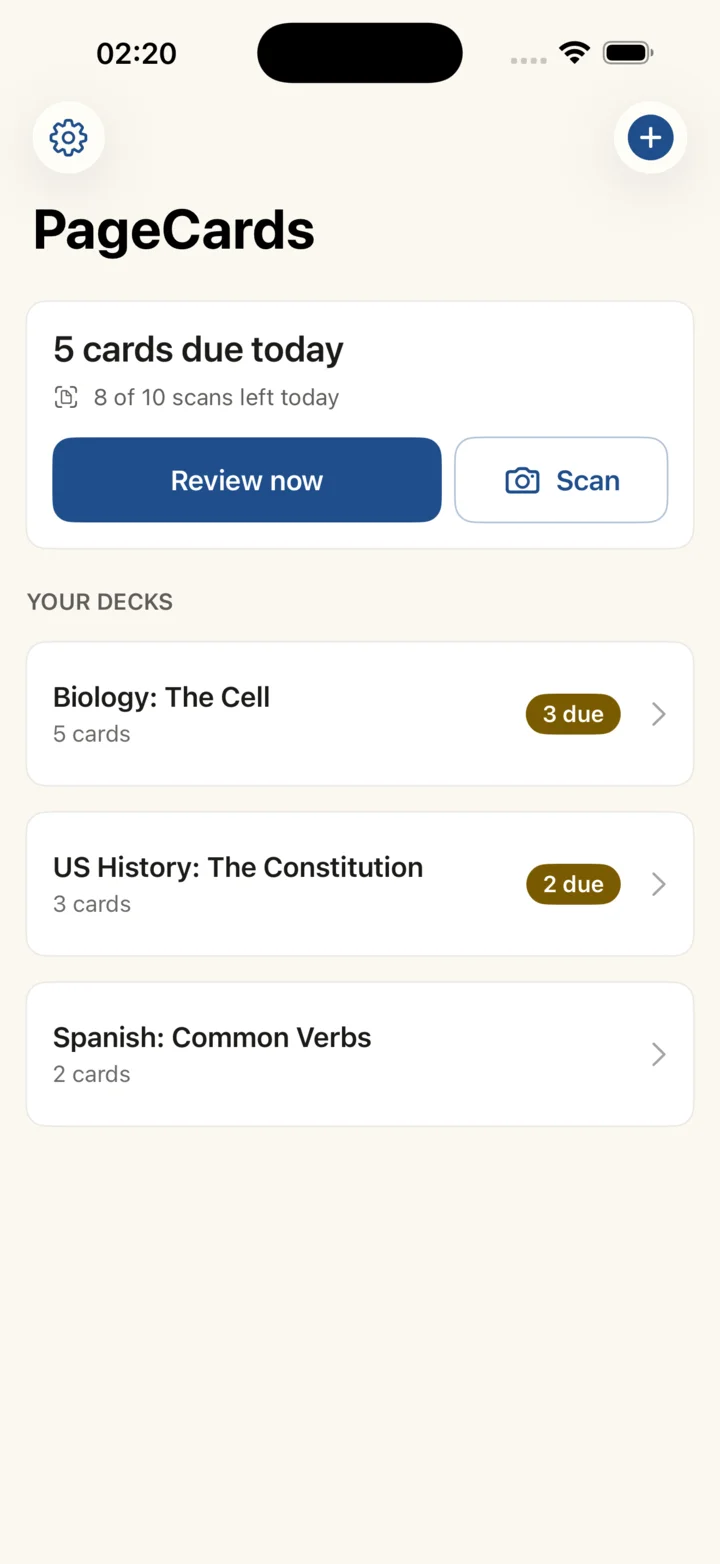 PageCards home: 5 cards due today, 8 of 10 scans left, and decks for Biology, US History and Spanish