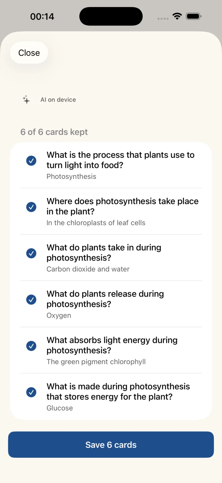Cards written by on-device AI from a scanned page about cells, each one ready to keep or edit