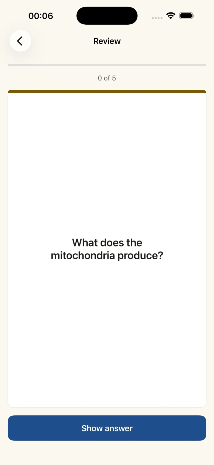 Review mode: the question "What does the mitochondria produce?" with a Show answer button