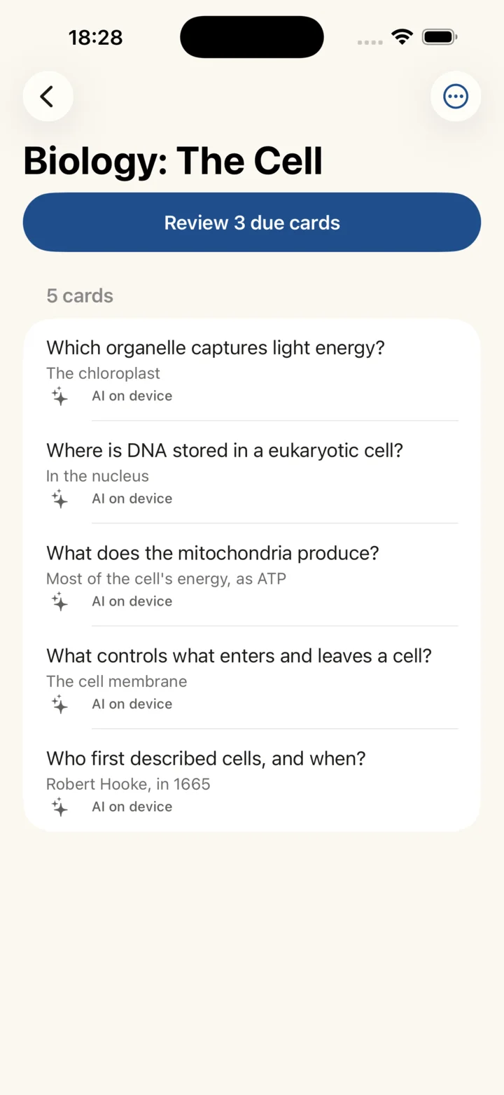 The Biology: The Cell deck with five cards and a Review 3 due cards button