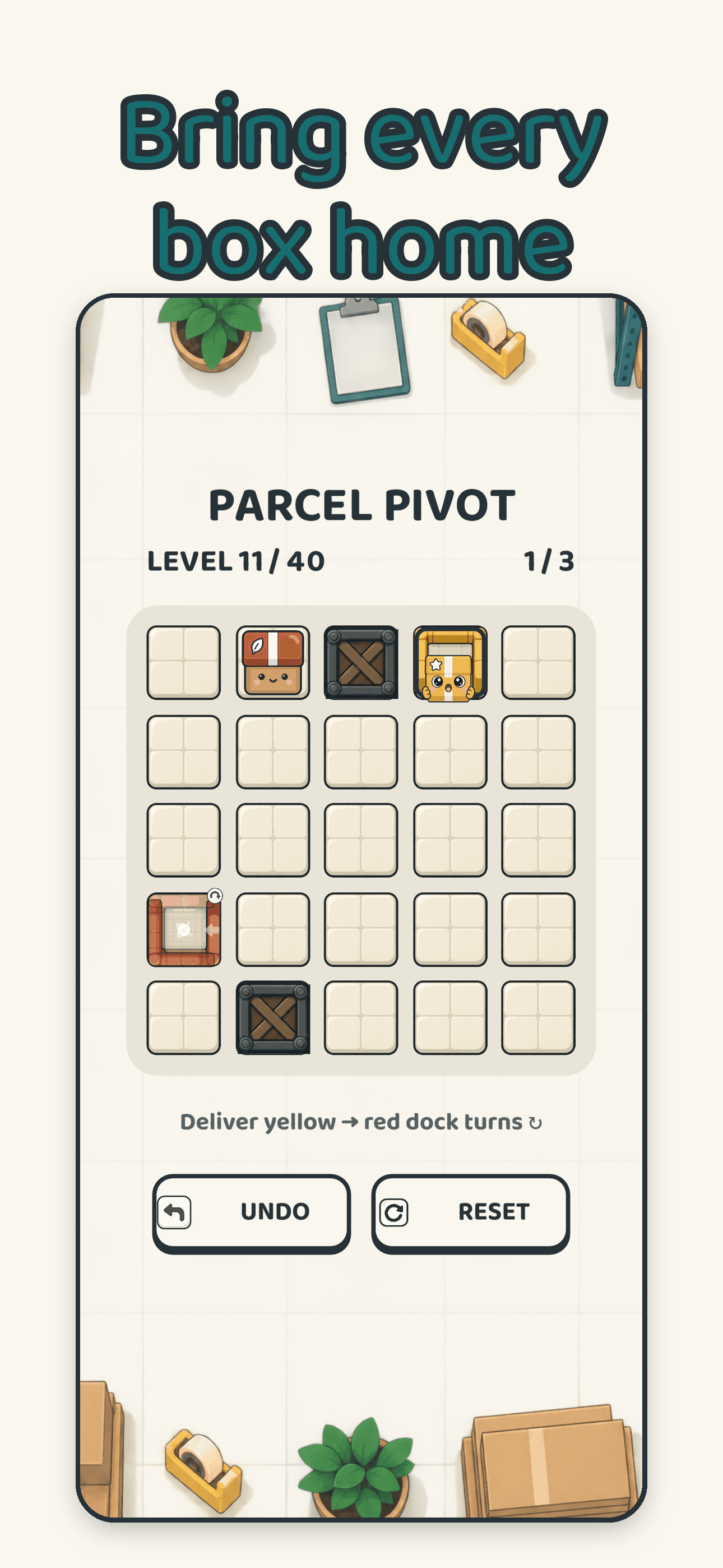 Parcel Pivot actual gameplay: packages and matching docks on a square puzzle board