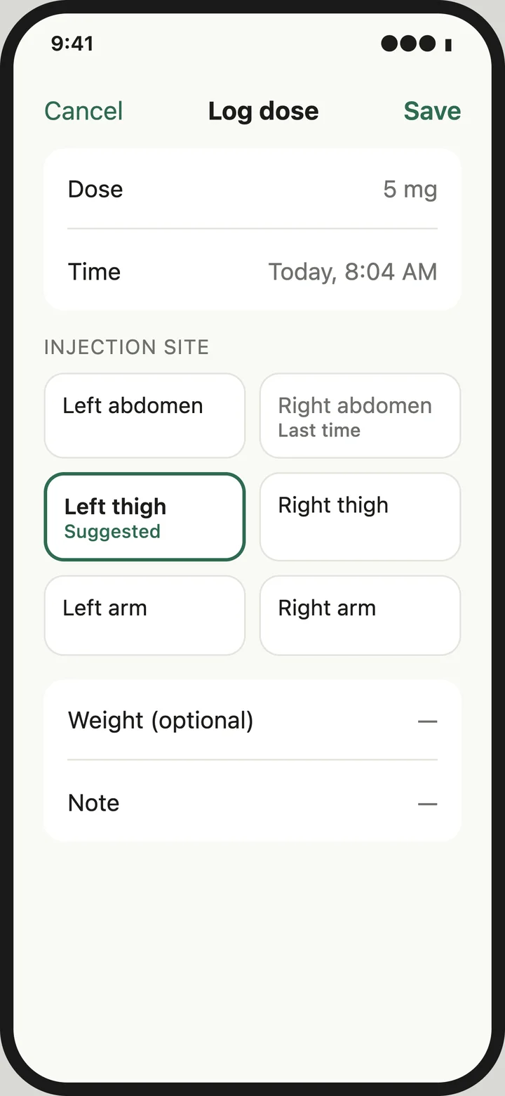 Concept mockup: the Log dose sheet with dose, time and six injection sites, Left thigh suggested