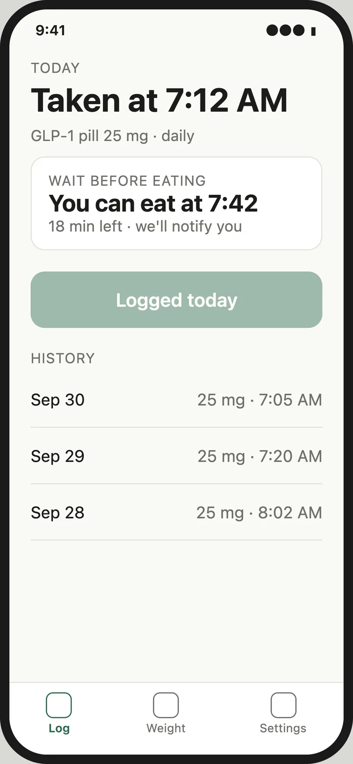 Concept mockup: a daily pill logged at 7:12 AM with a wait timer, You can eat at 7:42
