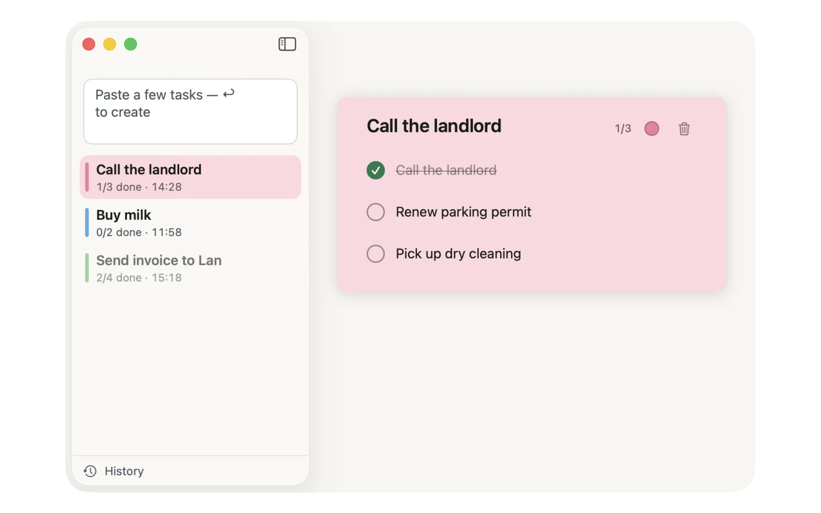 QuickCheck main window: a paste box and three notes in the sidebar, the selected checklist with one task ticked off