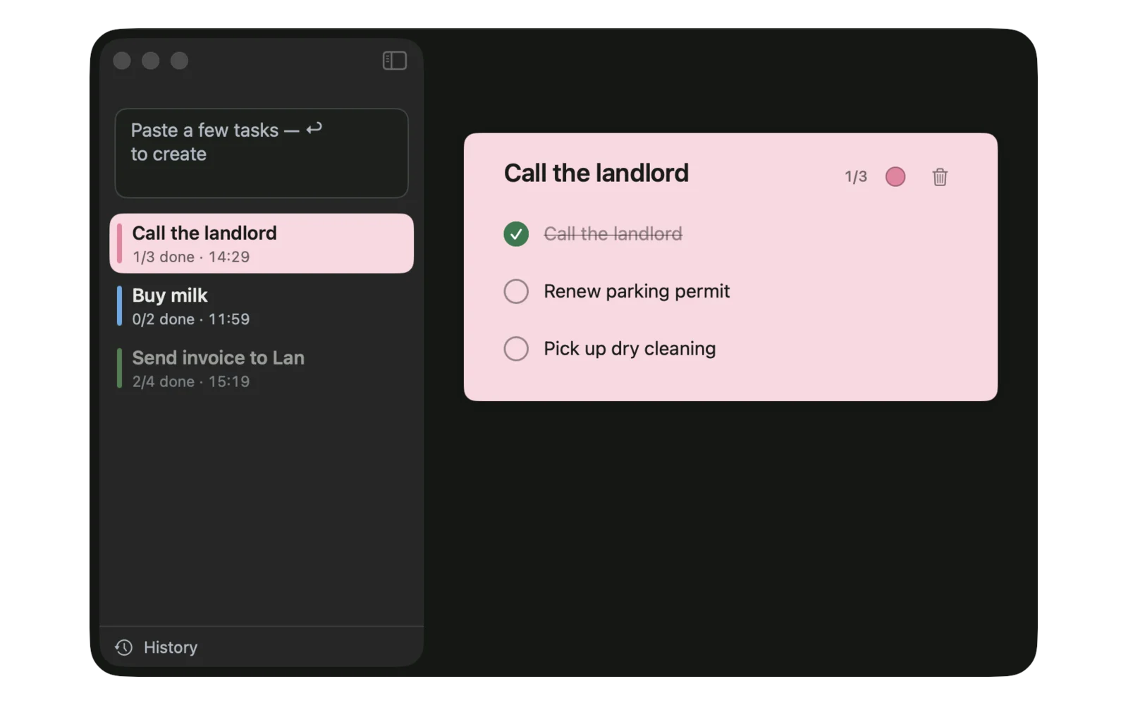 QuickCheck main window in dark mode with colored notes in the sidebar