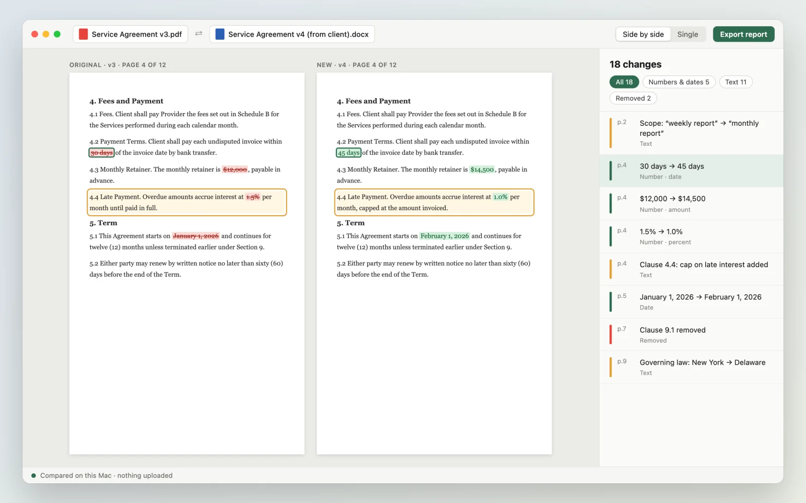 Concept mockup: two versions of a service agreement side by side, removed words in red, inserted words in green and a list of 18 changes