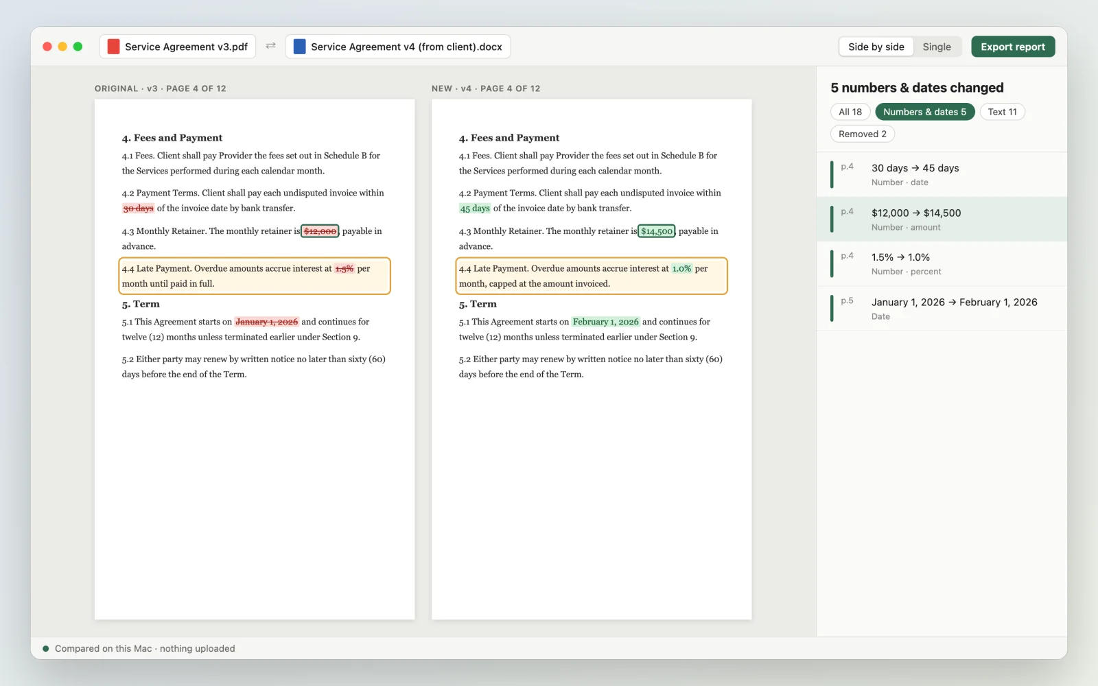 Concept mockup: the Numbers & dates filter showing only changed amounts, dates and percentages