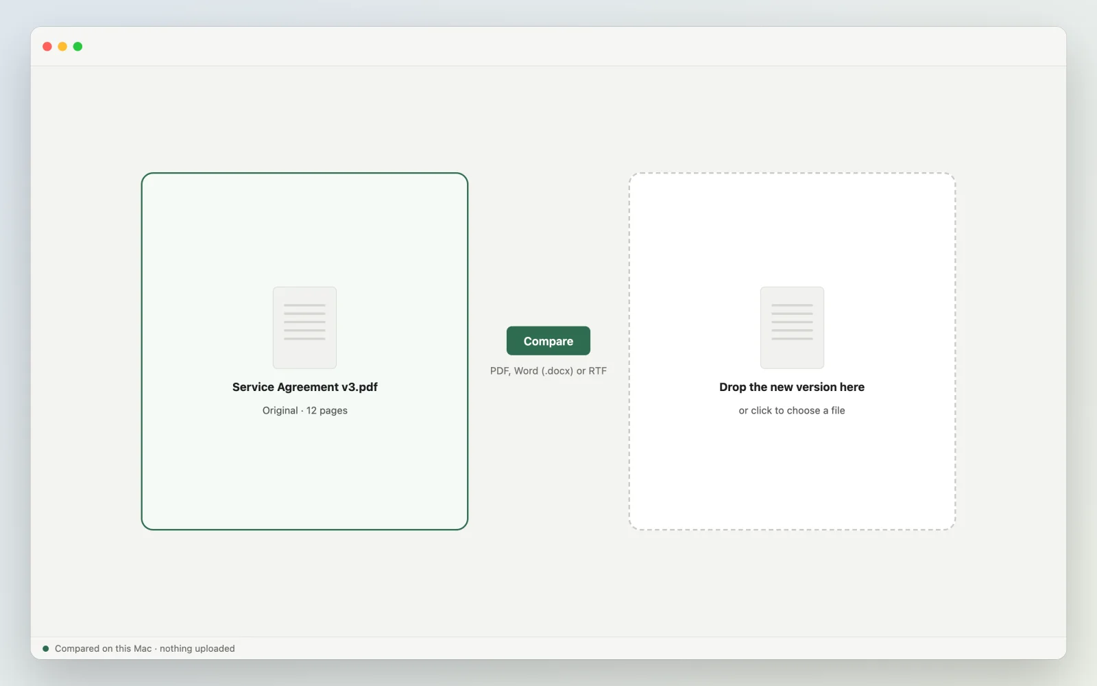Concept mockup: drop the original and the new version, PDF, Word (.docx) or RTF, then press Compare