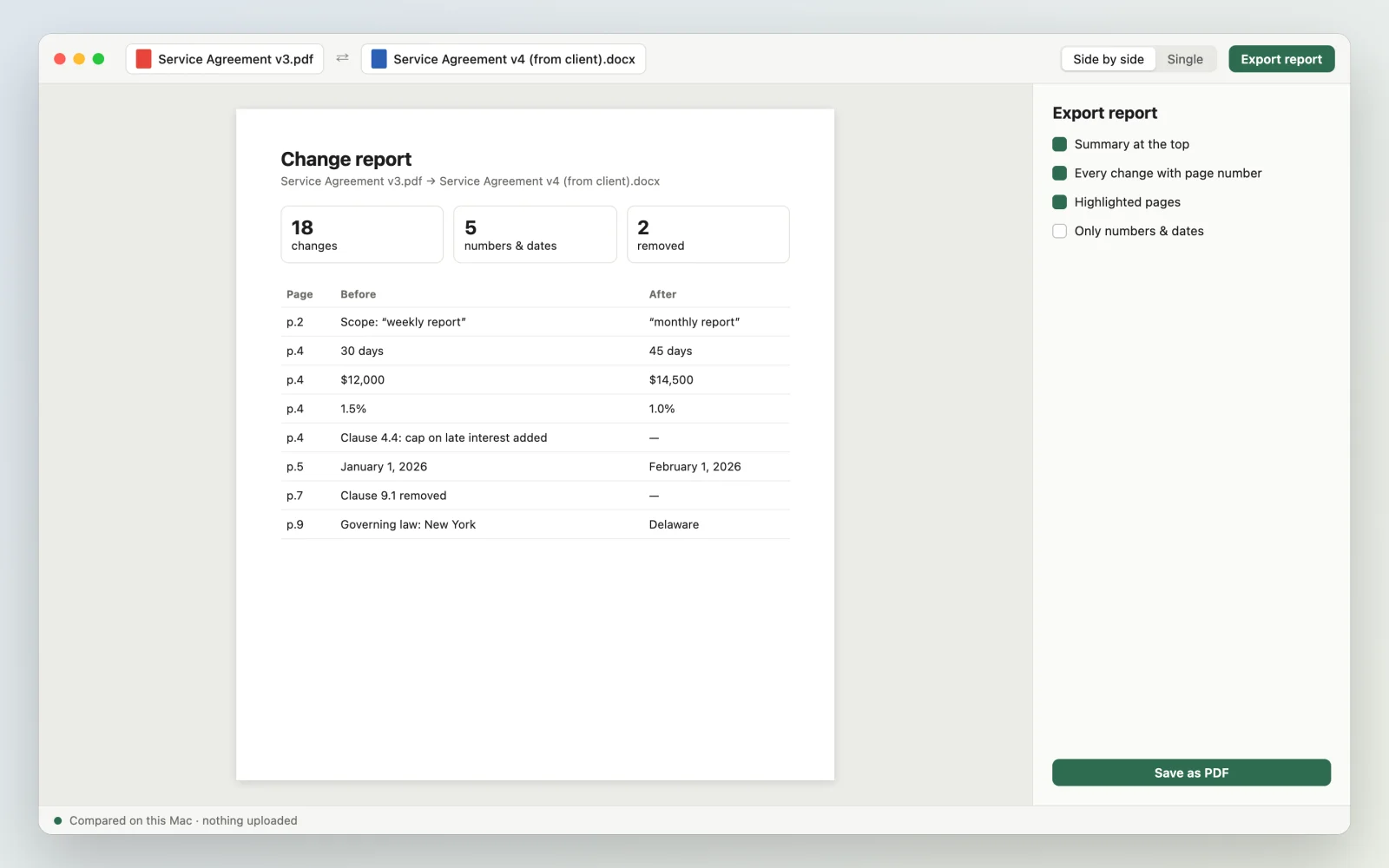 Concept mockup: a change report with a summary and every change by page, ready to save as PDF