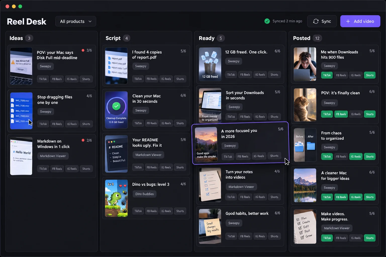 Reel Desk board in dark mode. Open the live demo