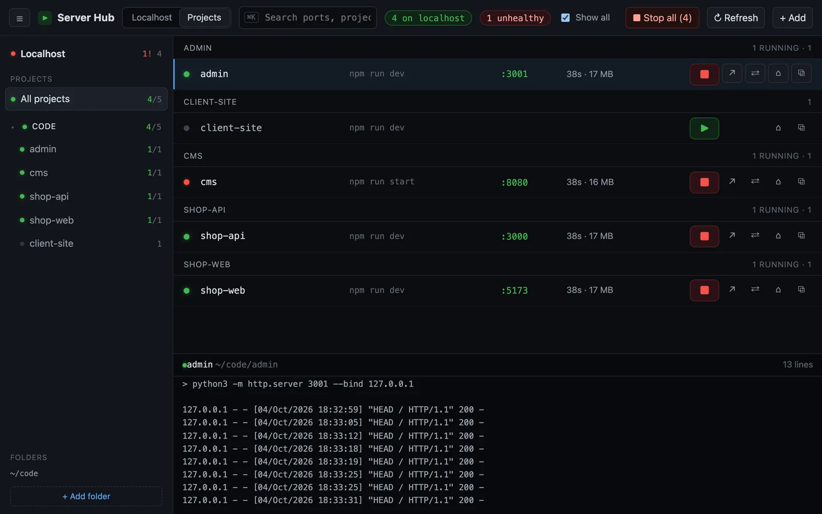 Server Hub listing local dev servers by project, with ports, health, memory and a live log