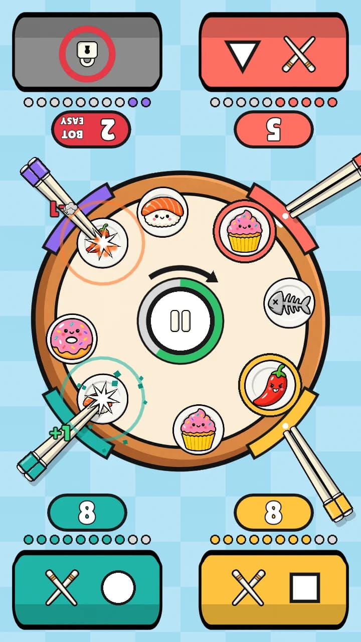 Spin Grab: four players with chopsticks around a spinning table of smiling food, scores at each edge