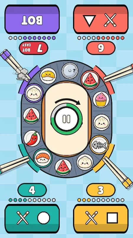 Sushi Train: food plates ride an oval conveyor belt past four players