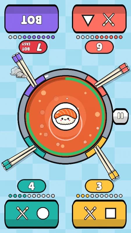 Hot Pot: one sushi bobs in a bubbling pot while four chopsticks race for it