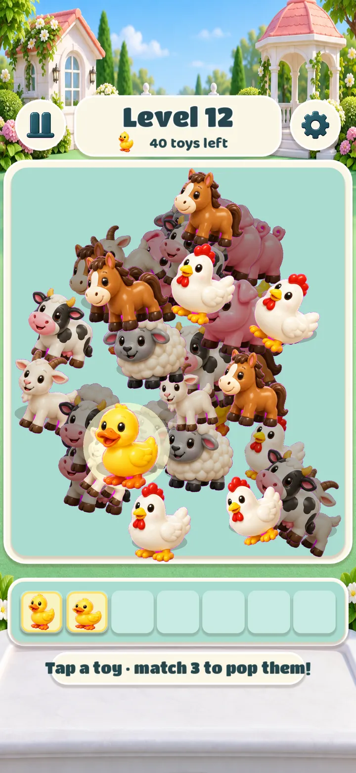 Tap toys to fill the tray: a pile of farm toys, two ducks already in the tray and a third being picked