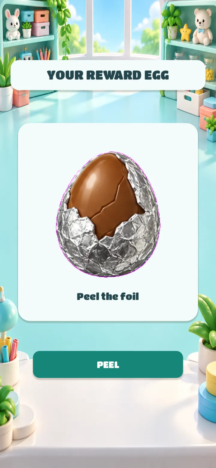 Unwrap a surprise egg: a chocolate egg half wrapped in silver foil