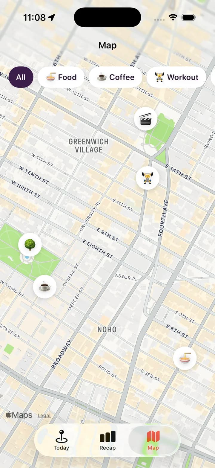 Map of Greenwich Village with emoji pins for coffee, food, workout and park visits