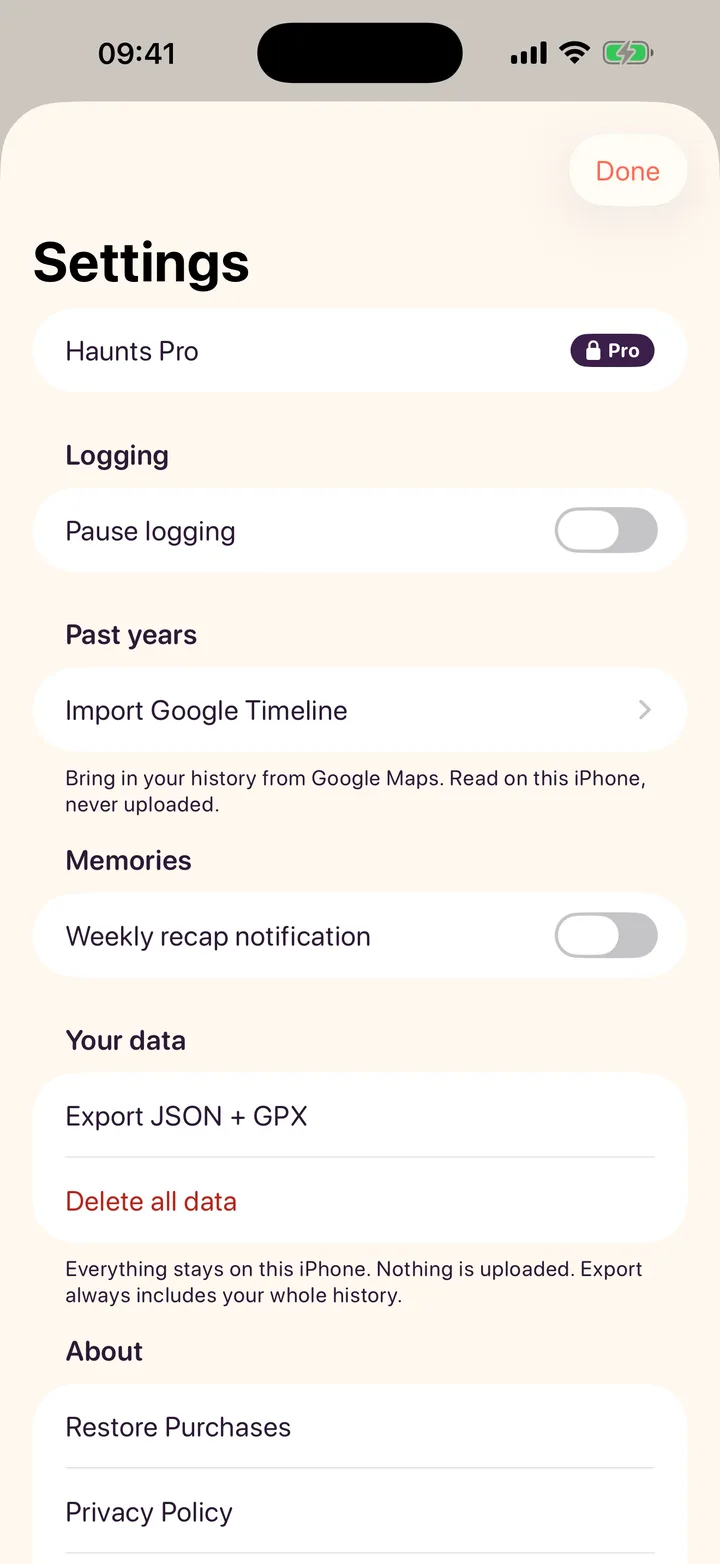 Settings with Pause logging, Import Google Timeline, Export JSON + GPX and Delete all data