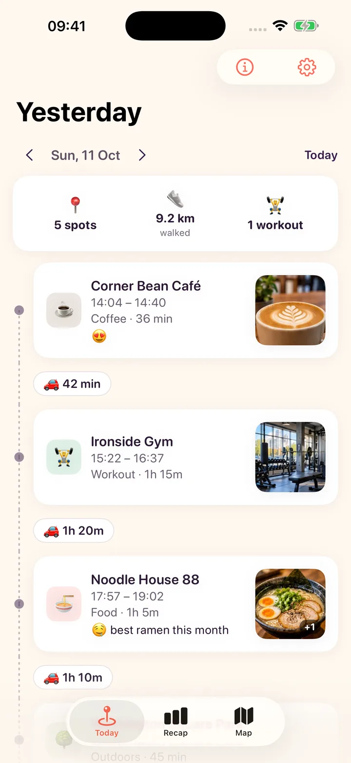Timeline with photos on each place: a latte at Corner Bean Café, the gym floor at Ironside Gym and ramen at Noodle House 88