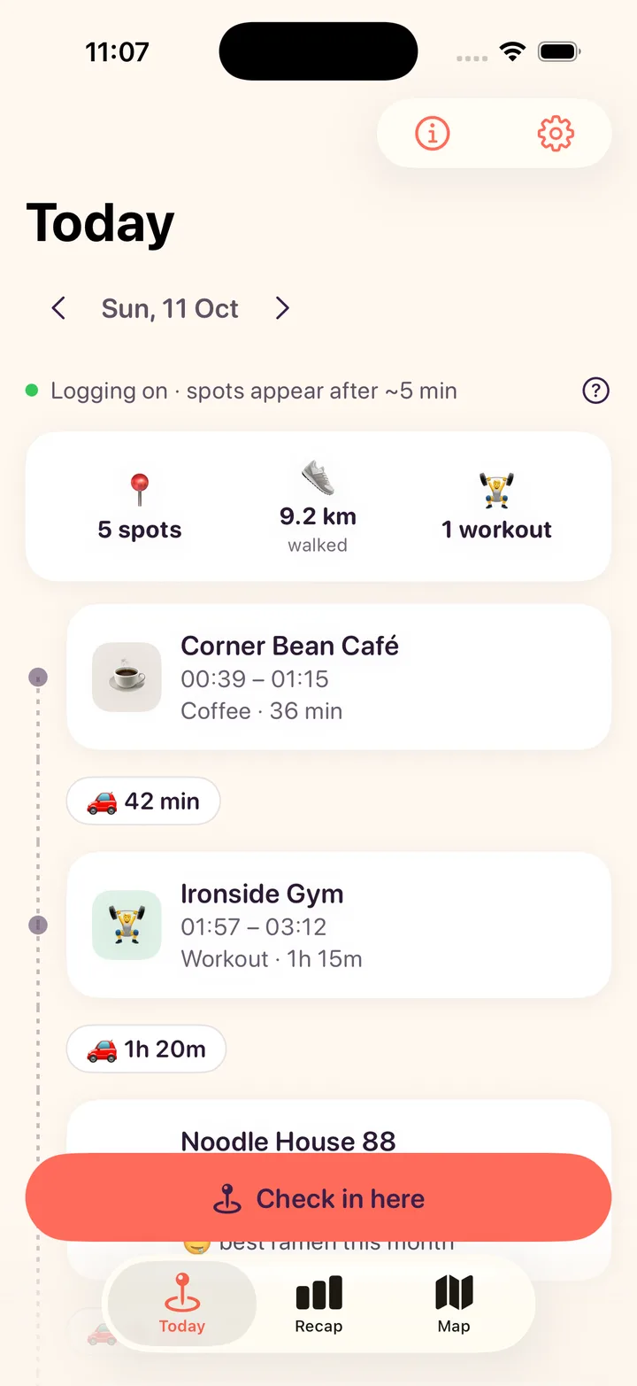 Today timeline of places with travel time chips