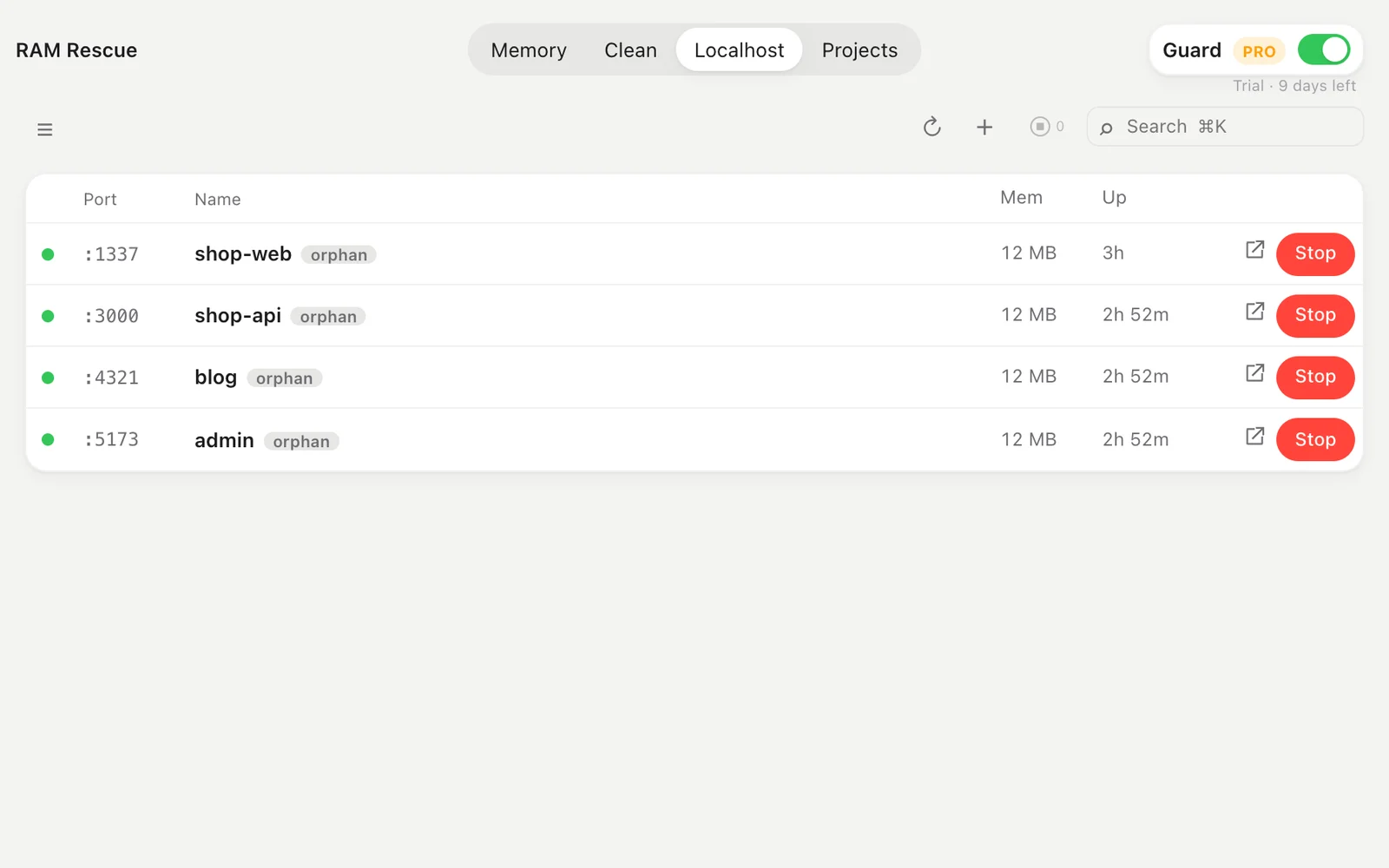 Localhost tab: four dev servers with green health dots, memory, uptime and red Stop buttons