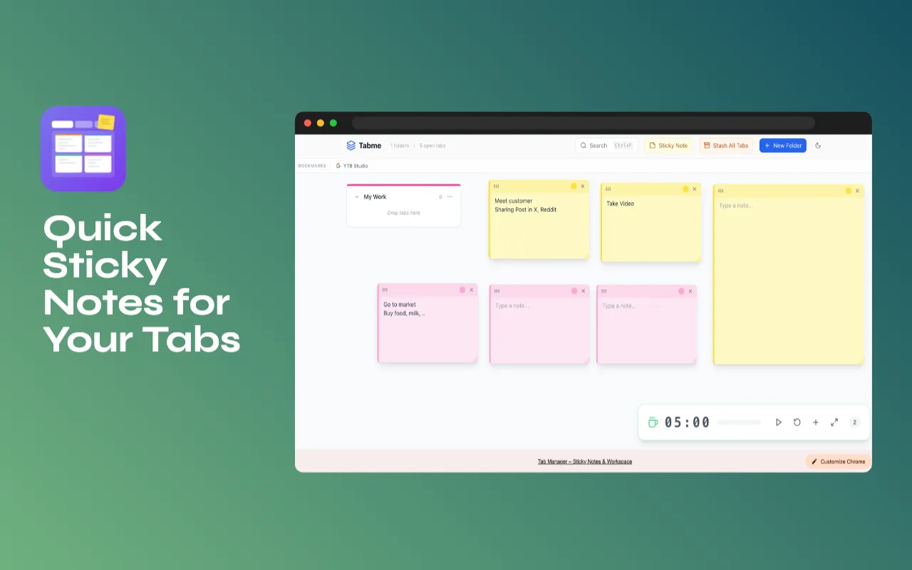 Tab Manager new tab page with yellow and pink sticky notes next to a folder of saved tabs