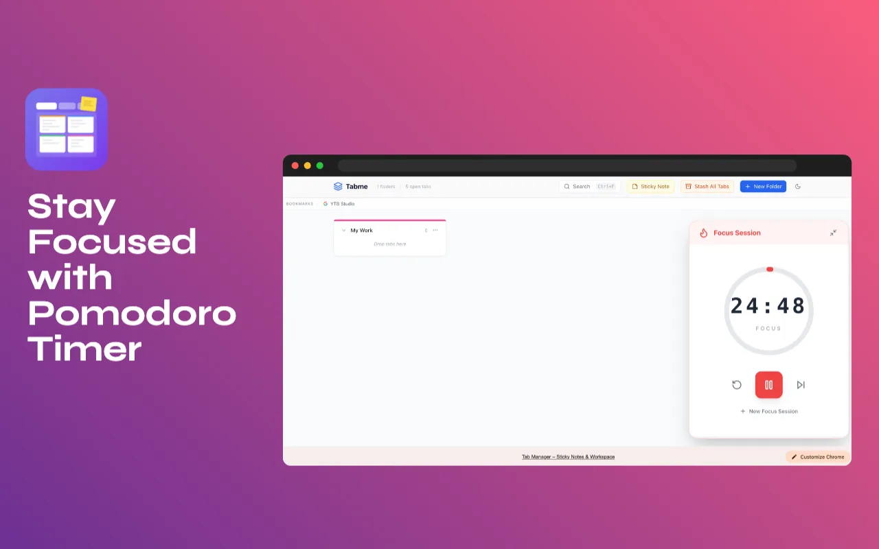 Tab Manager Pomodoro focus session at 24:48 with a circular progress ring