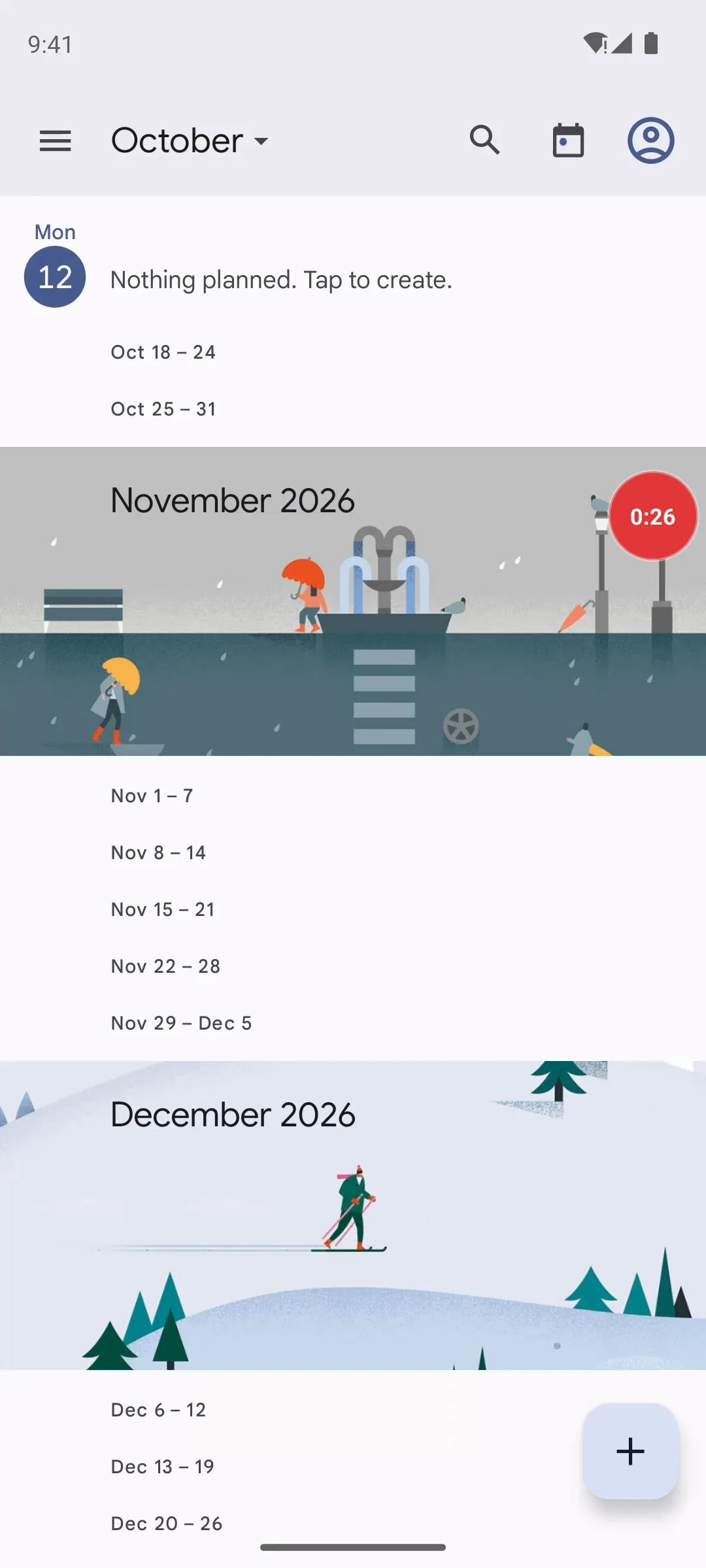 TapRec recording the Calendar app; the floating button shows 0:26
