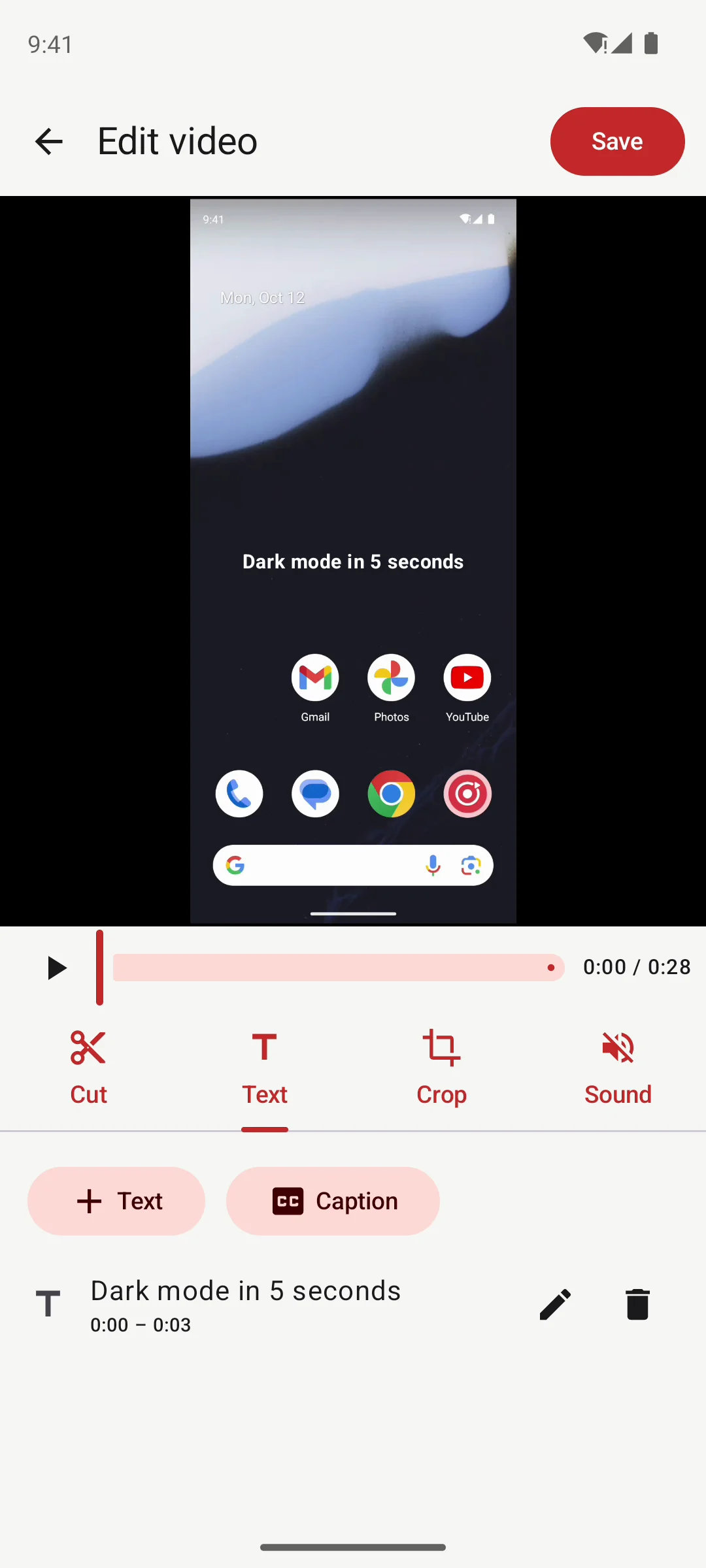 The editor with the title Dark mode in 5 seconds on the video and Cut, Text, Crop, Sound tools