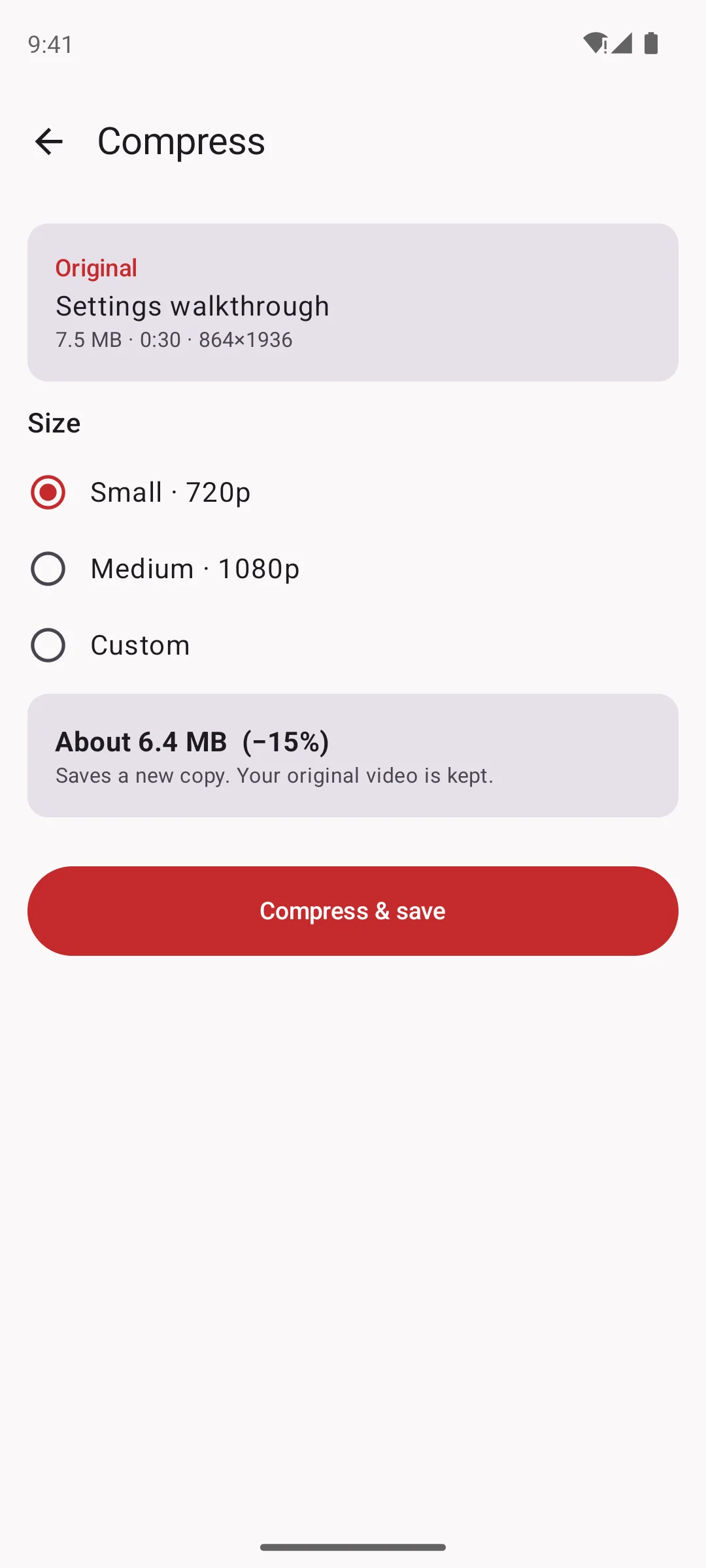 Compress screen: Small 720p selected, about 6.4 MB estimated for a 7.5 MB video