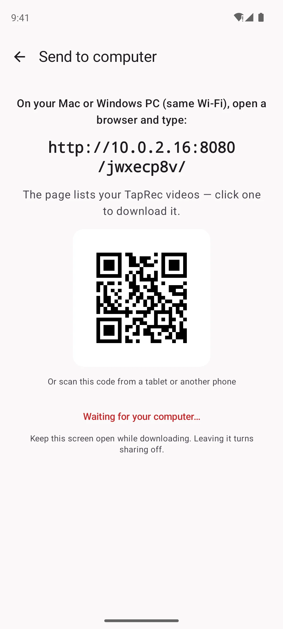 Send to computer: a local link and a QR code, waiting for your computer