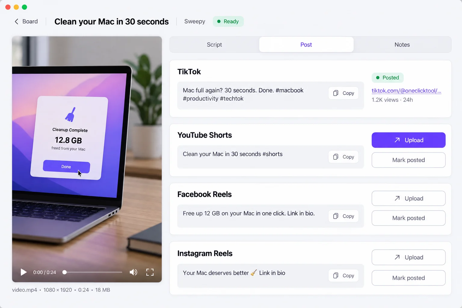 Design preview of the Post tab with a caption, Upload and Mark posted per platform