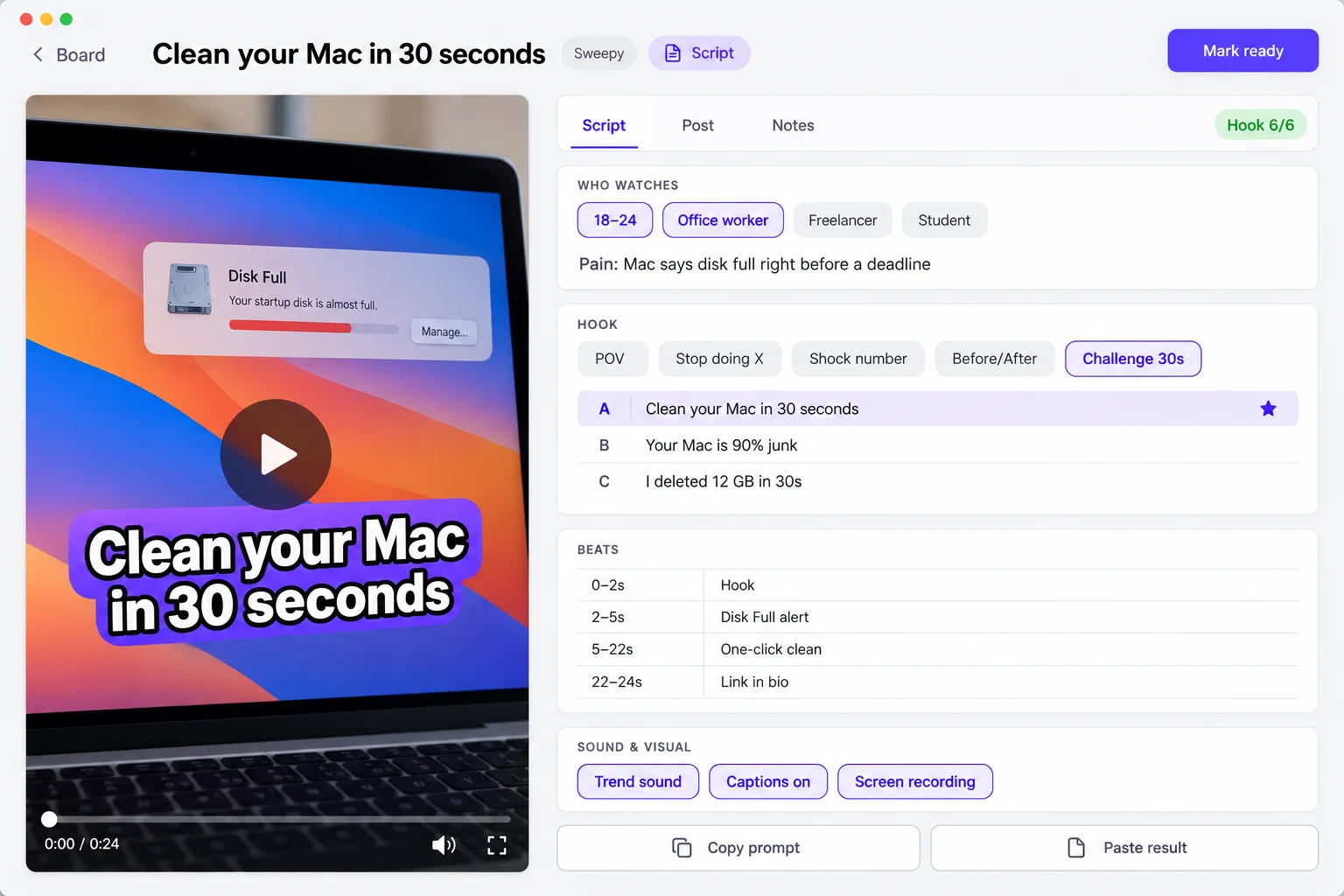Design preview of the Script tab with audience chips, three hooks and beats