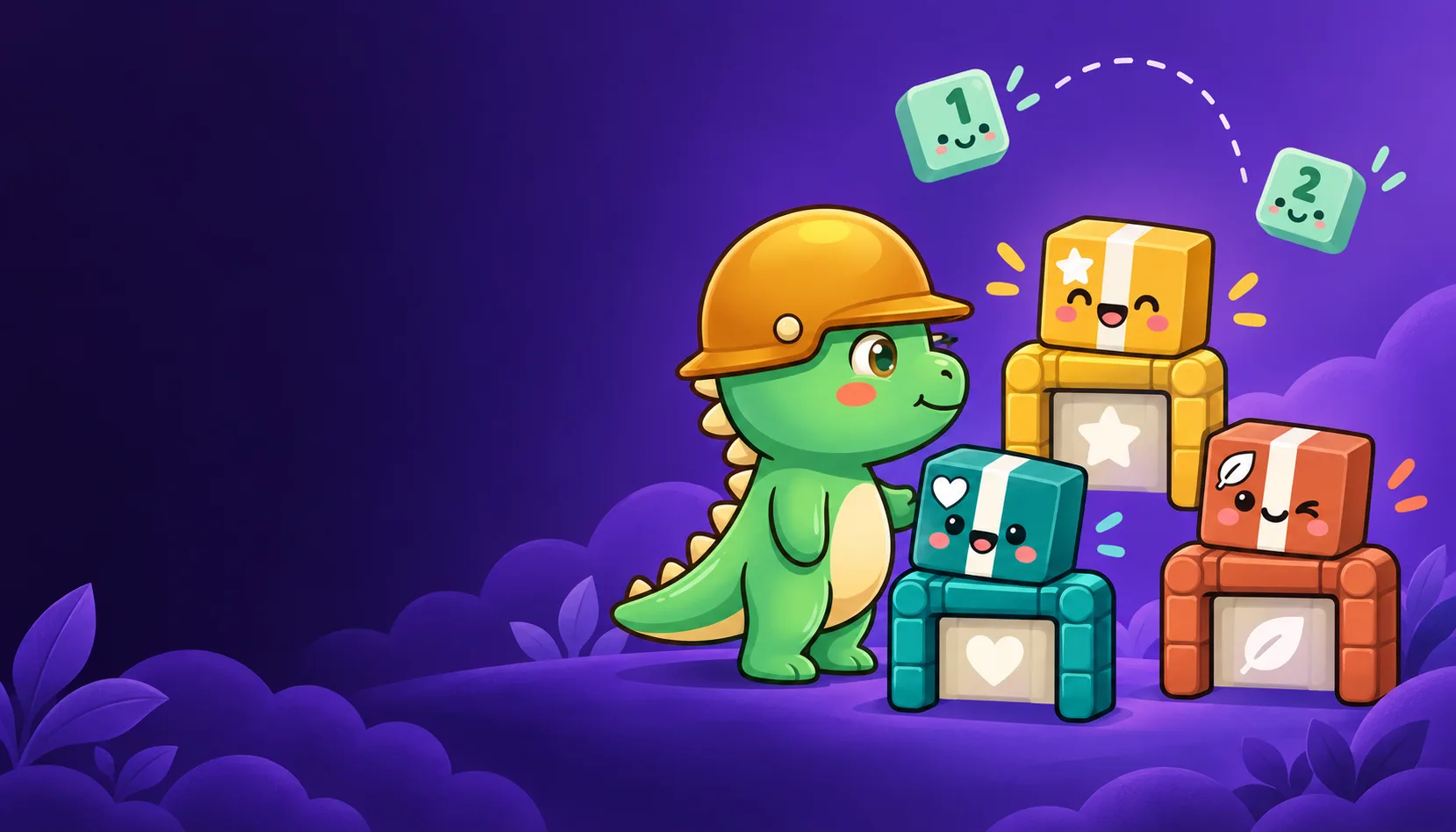 Green dinosaur in a yellow hard hat beside the colorful Parcel Pivot characters