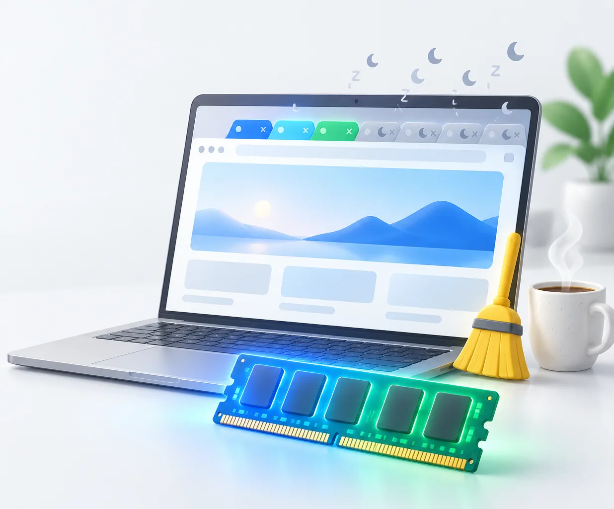 Illustration: the same laptop calm, with idle tabs asleep under small moons and a cool blue memory stick