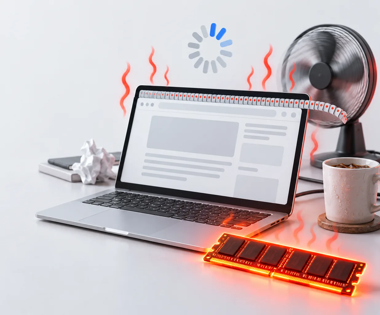 Illustration: a laptop with dozens of browser tabs crammed together, overheating, with a red-hot memory stick and a spinning wait cursor