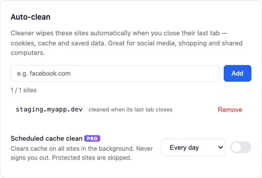 Cleaner settings, Auto-clean: sites that are wiped automatically when their last tab closes
