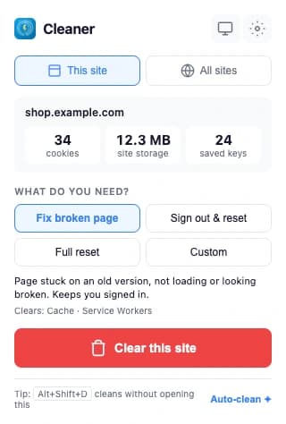 Cleaner popup on shop.example.com: 34 cookies, 12.3 MB of site storage and 24 saved keys, with Fix broken page selected